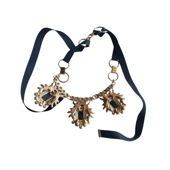 Signed Banana Republic Multi Color Rhinestone Gold Tone and Ribbon Necklace - Picture 6 of 8